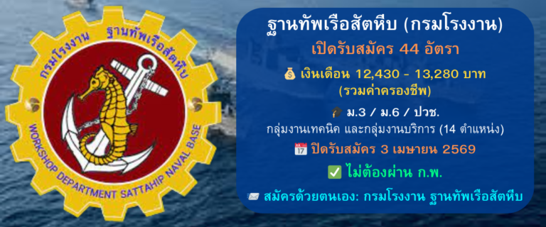 ฐานทัพเรือสัตหีบ (กรมโรงงาน) เปิดรับสมัครพนักงานราชการ 44 อัตรา (วุฒิ ม.3 / ม.6 / ปวช.) ไม่ต้องผ่าน ก.พ. สมัครด้วยตนเอง 30 มี.ค. – 3 เม.ย. 2569